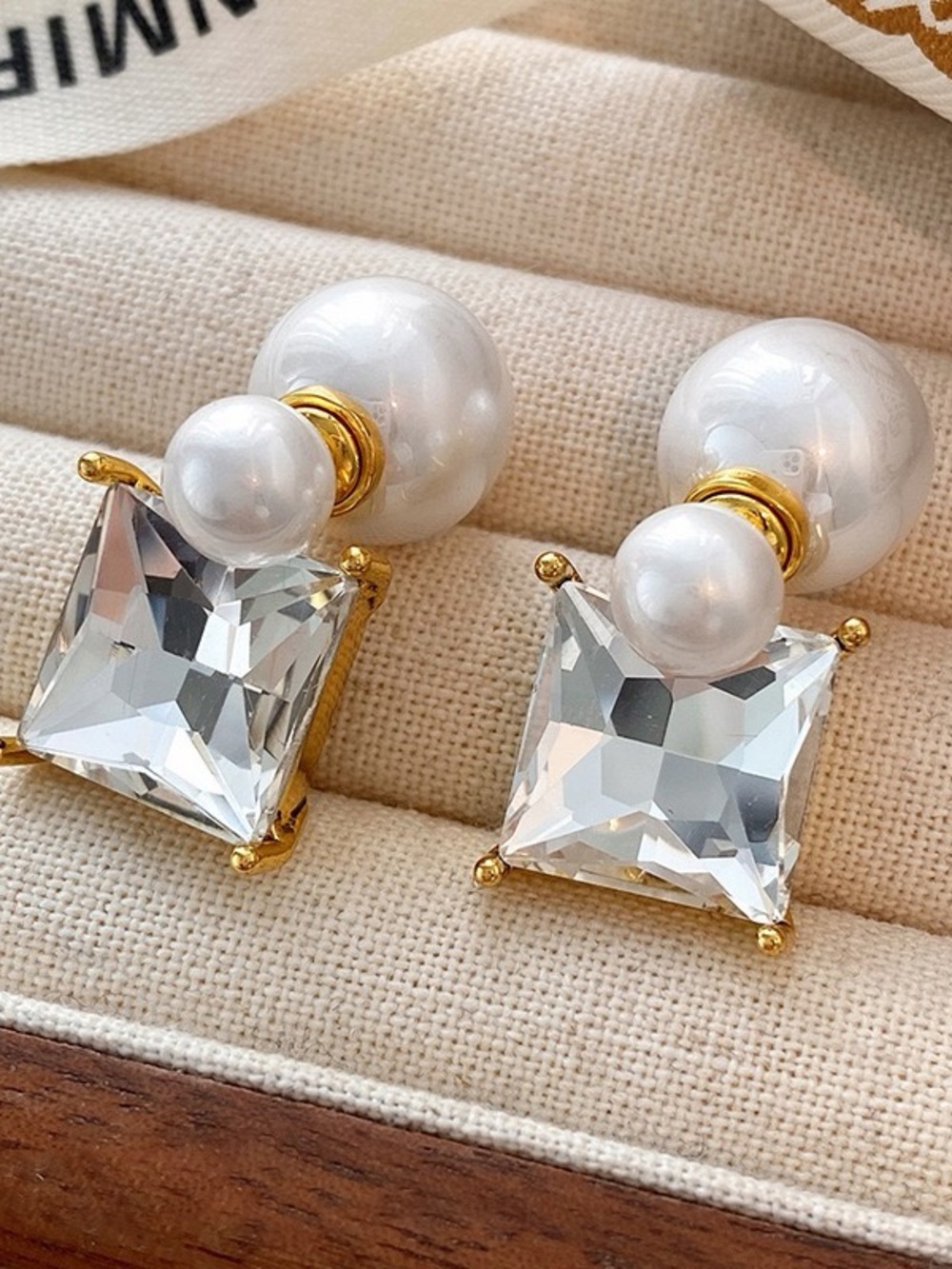 Full Titanium Steel in Classic Pearl & Crystal Square Drop Earrings - White/Gold